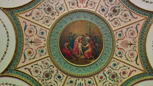 Detail of the elaborate ceiling in the Tapestry Room at Nostell Priory, Yorkshire